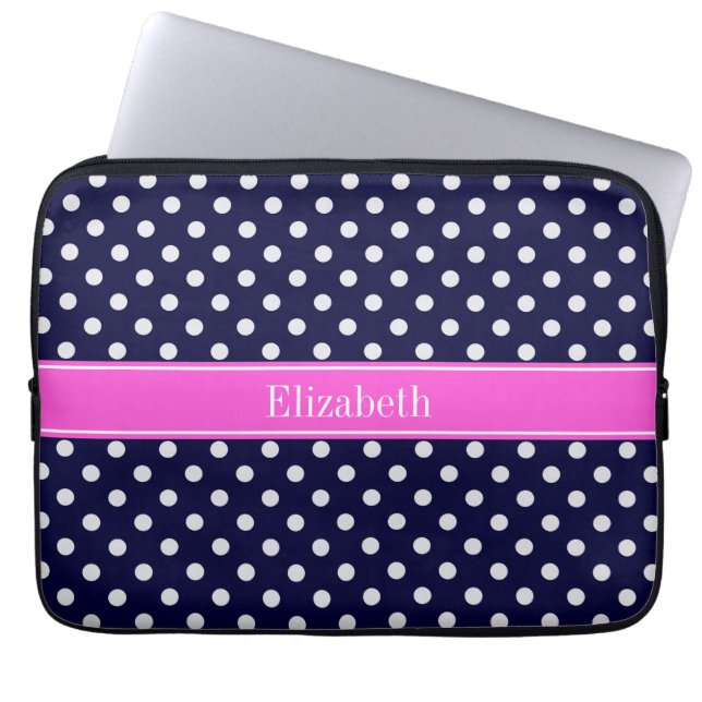 Navy White Polka Dots Hot Pink Ribbon Monogram Laptopschutzhülle (Vorderseite)
