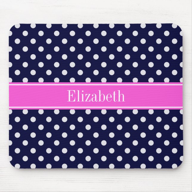 Navy White Polka Dots Hot Pink Ribbon Monogram Mousepad (Vorne)