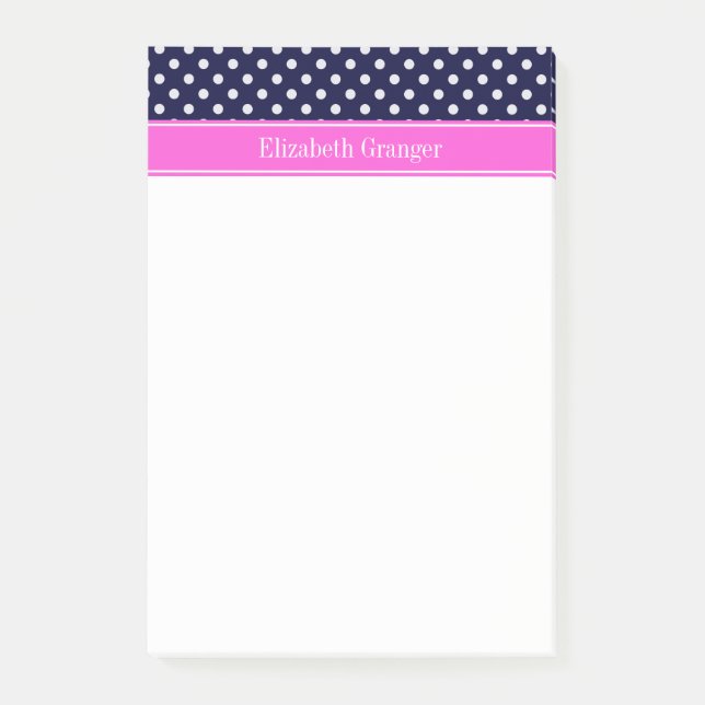 Navy White Polka Dots Hot Pink Ribbon Monogram Post-it Klebezettel (Vorderseite)