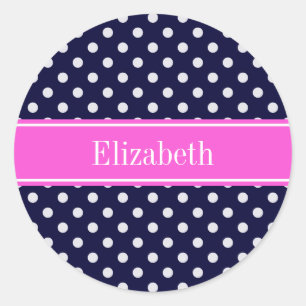 Navy White Polka Dots Hot Pink Ribbon Monogram Runder Aufkleber