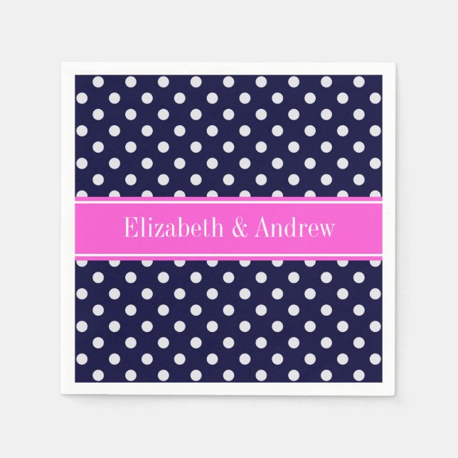 Navy White Polka Dots Hot Pink Ribbon Monogram Serviette (Vorderseite)