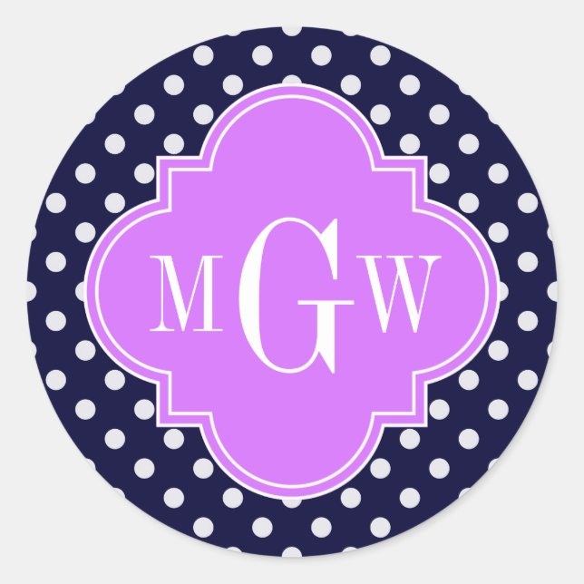 Navy White Polka Dots Lilac Quatrefoil 3 Monogramm Runder Aufkleber (Vorderseite)