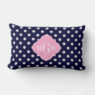 Navy White Polka Dots Pink Quatrefolie 3 Monogramm Lendenkissen