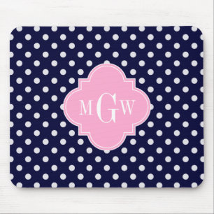 Navy White Polka Dots Pink Quatrefolie 3 Monogramm Mousepad