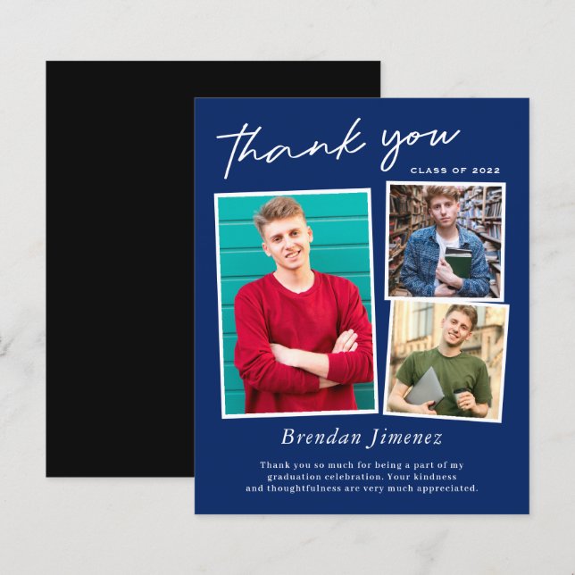 Navy White Script 3 Foto Abschluss Vielen Dank (Vorne/Hinten)