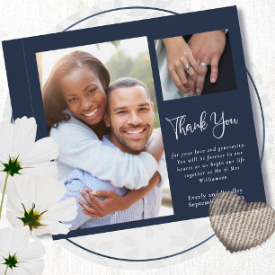Navy White Script Foto Hochzeit Danke Karte
