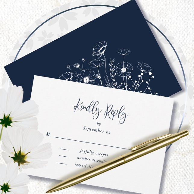 Navy White Script Typografy Floral Wedding RSVP (Von Creator hochgeladen)
