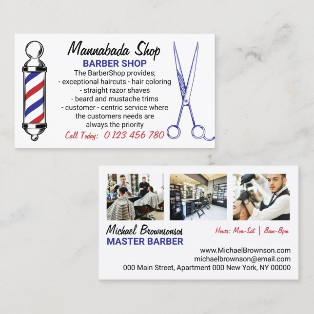 Navy White Simple Barber Pole Schere Foto Visitenkarte (Vorne/Hinten)