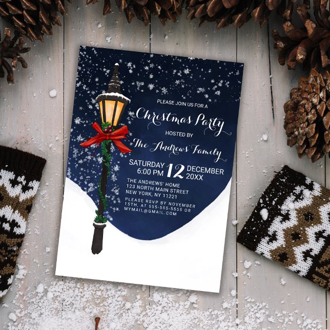 Navy White Snowy Lamppost Garland Bow Weihnachten Einladung (Von Creator hochgeladen)