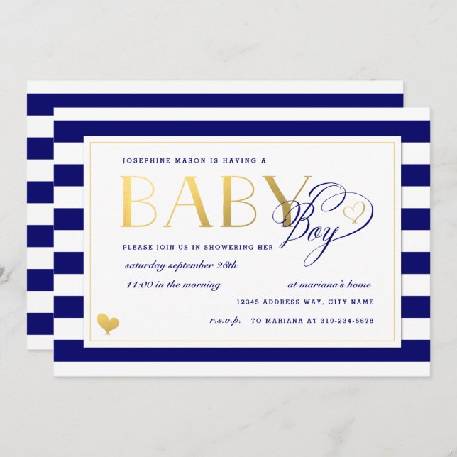 Navy & White Strip Imitate Gold Boy Baby Dusche Einladung (Vorne/Hinten)