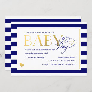 Navy & White Strip Imitate Gold Boy Baby Dusche Einladung