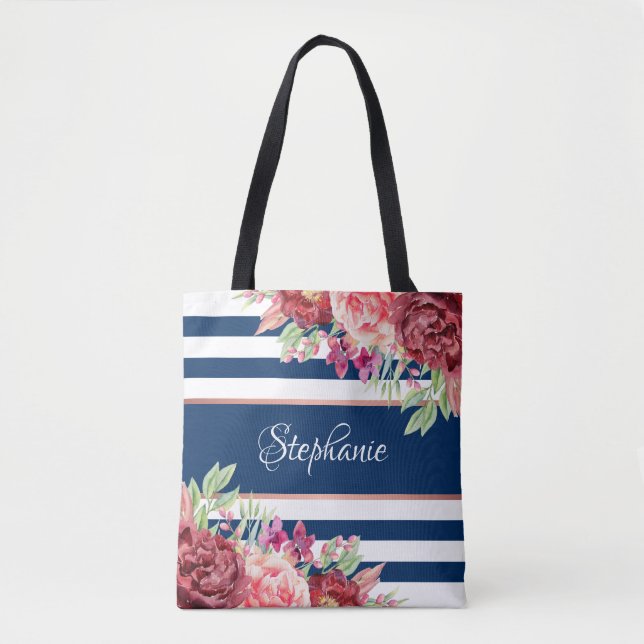 Navy White Strip Modernes, florales Personalisiert (Vorderseite)