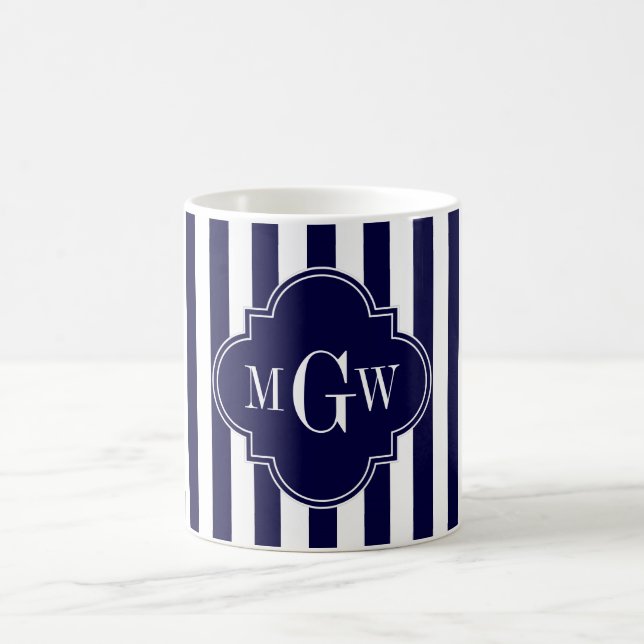 Navy White Strip Navy Blue Quatrefolie 3 Monogramm Tasse (Mittel)