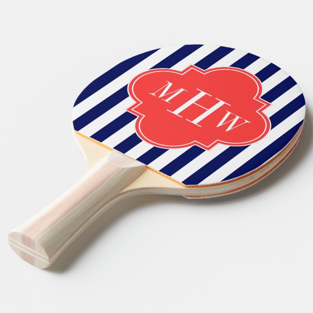 Navy White Stripe Coral Red Quatrefoil 3 Monogram Tischtennis Schläger (Vorderseite)