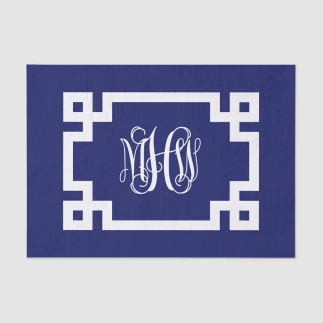 Navy White Vine Script Monogram Greek Key DIY BG Seidenpapier (Vorderseite)