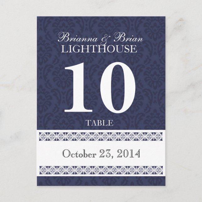 Navy & White Wedding Tischnummer Card Empfang (Vorderseite)