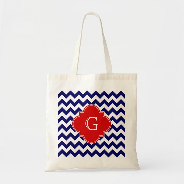 Navy White Zickzack ZigZag Red Quatrefoil Monogram Tragetasche (Vorne)