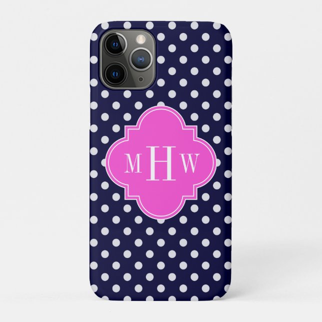 Navy WhPolka Dot Hot Pink Quatrefolie 3 Monogramm Case-Mate iPhone Hülle (Rückseite)