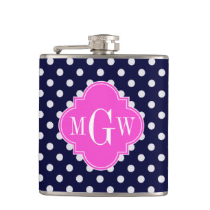 Navy WhPolka Dot Hot Pink Quatrefolie 3 Monogramm Flachmann