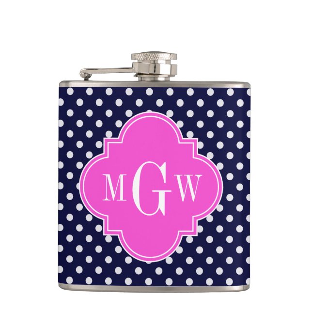 Navy WhPolka Dot Hot Pink Quatrefolie 3 Monogramm Flachmann (Vorderseite)