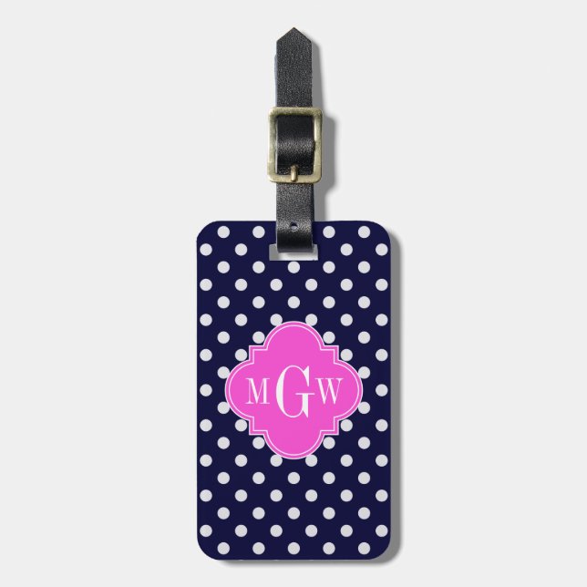 Navy WhPolka Dot Hot Pink Quatrefolie 3 Monogramm Gepäckanhänger (Vorderseite vertikal)