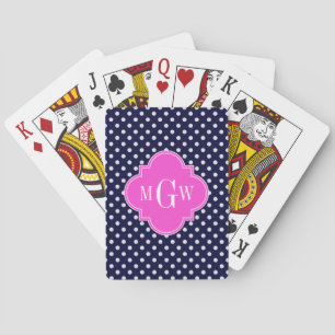 Navy WhPolka Dot Hot Pink Quatrefolie 3 Monogramm Spielkarten