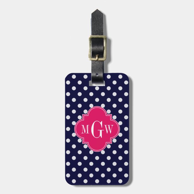 Navy WhPolka Dot Raspberry Quatrefolie 3 Monogramm Gepäckanhänger (Vorderseite vertikal)