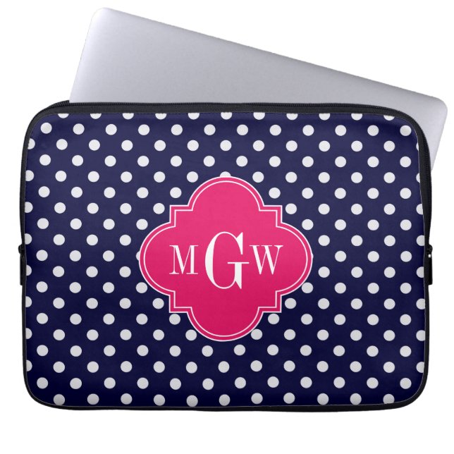 Navy WhPolka Dot Raspberry Quatrefolie 3 Monogramm Laptopschutzhülle (Vorderseite)