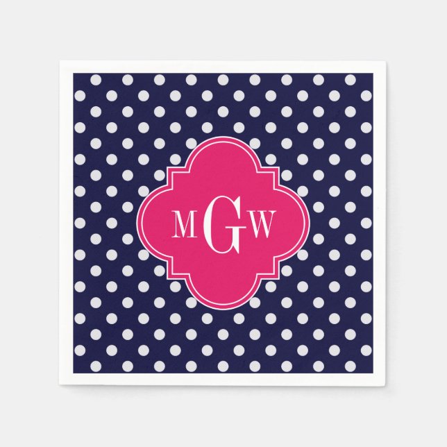 Navy WhPolka Dot Raspberry Quatrefolie 3 Monogramm Serviette (Vorderseite)