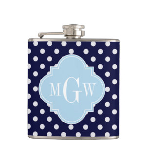 Navy WhPolka Dots Lt Blue Quatrefolie 3 Monogramm Flachmann
