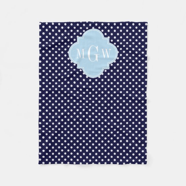 Navy WhPolka Dots Lt Blue Quatrefolie 3 Monogramm Fleecedecke (Vorderseite)
