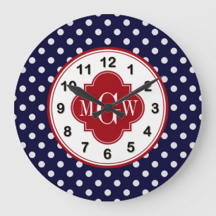 Navy Wht Polka Dot Cranberry Quatrefoil 3 Monogram Große Wanduhr