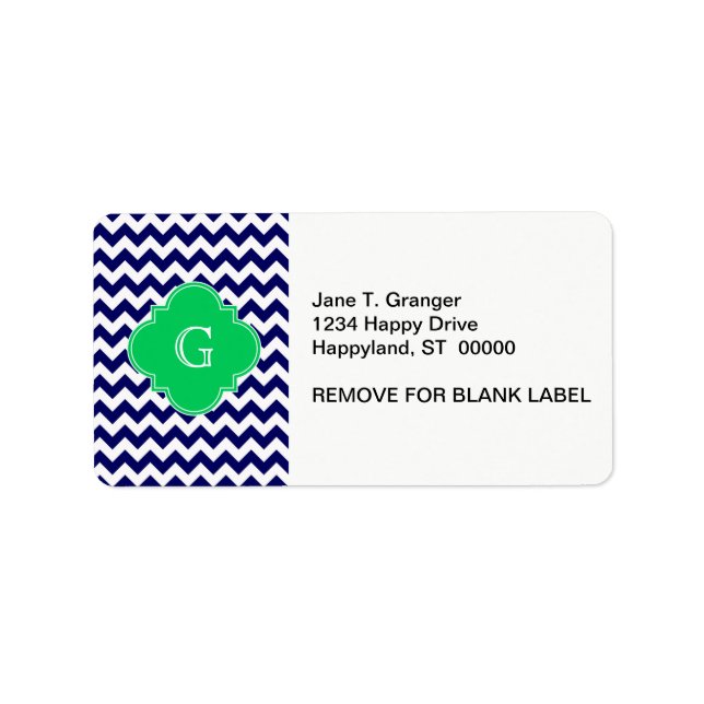 Navy WhZickzack Emerald Green Quarter Monogram Adressaufkleber (Vorne)