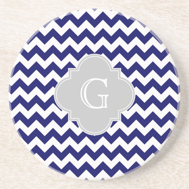 Navy WhZickzack Gray Quatrefoil Monogramm Untersetzer (Vorne)
