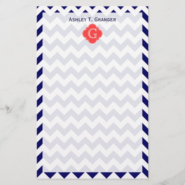 Navy WhZickzack Zigzag Coral Quatrefoil Monogramm Briefpapier (Vorderseite)