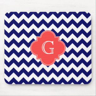 Navy WhZickzack Zigzag Coral Quatrefoil Monogramm Mousepad
