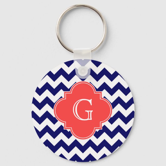 Navy WhZickzack Zigzag Coral Quatrefoil Monogramm Schlüsselanhänger (Vorderseite)
