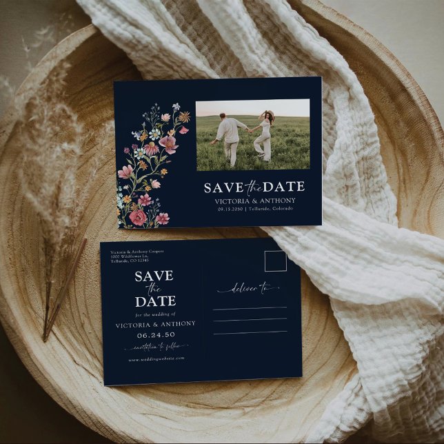 Navy-Wildblumen Save the Date mit Foto-Postkarte Postkarte (Von Creator hochgeladen)