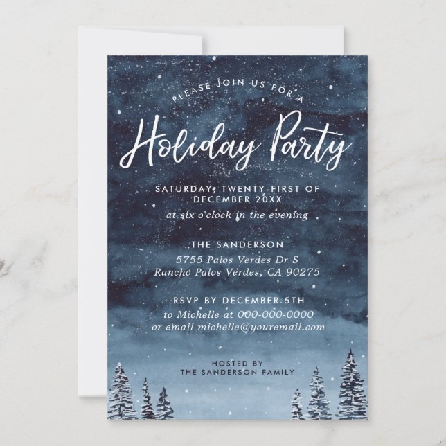 Navy Winter Watercolor Holiday Party Einladung (Vorderseite)