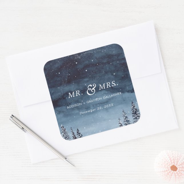 Navy Winter Watercolor Snowy Wedding Quadratischer Aufkleber (Umschlag)