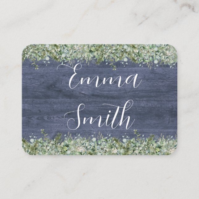 Navy Wood Eucalyptus Wedding Place Cards | Rustic Platzkarte (Vorderseite)