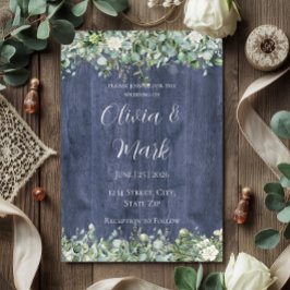 Navy Wood Eucalyptus White Floral Wedding Einladung