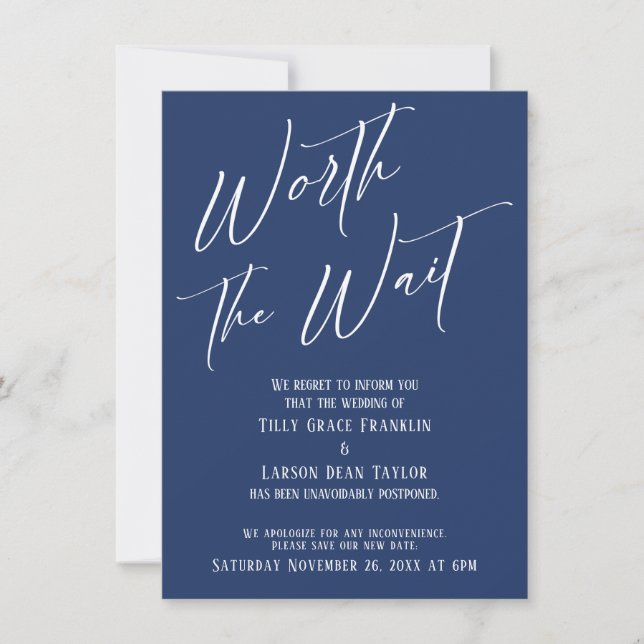 Navy Worst the Wait Postponed Wedding Card Einladung (Vorderseite)