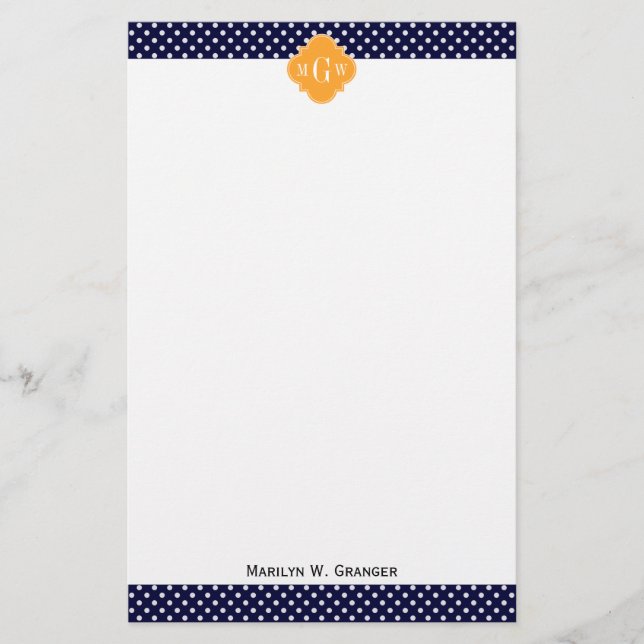 Navy Wt Polka Dot Cantaloupe Quatrefolie 3 Monogra Briefpapier (Vorderseite)