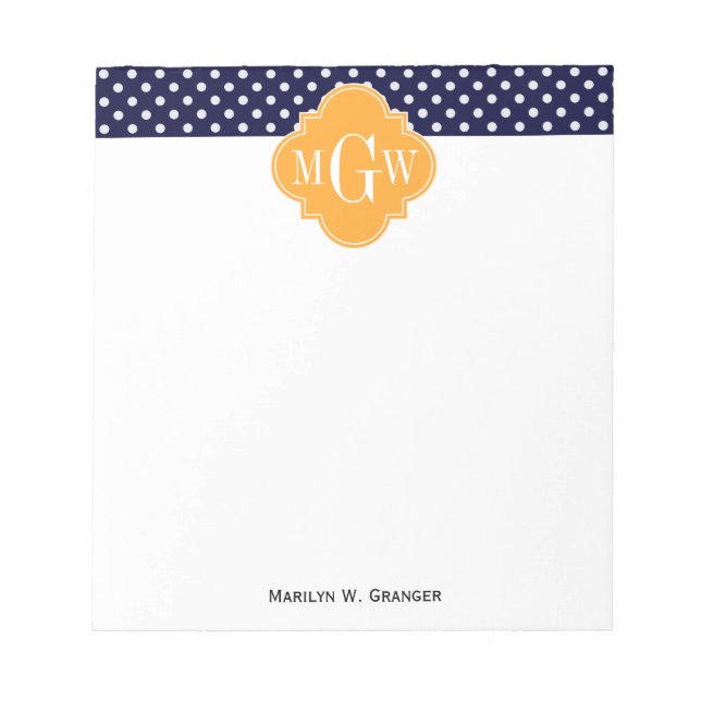 Navy Wt Polka Dot Cantaloupe Quatrefolie 3 Monogra Notizblock (Vorderseite)
