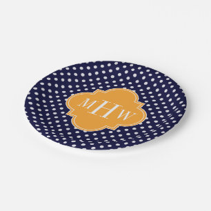 Navy Wt Polka Dot Cantaloupe Quatrefolie 3 Monogra Pappteller