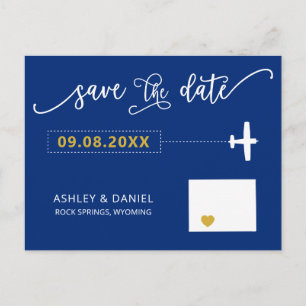 Navy Wyoming Wedding Save the Date Map Postcard Postkarte