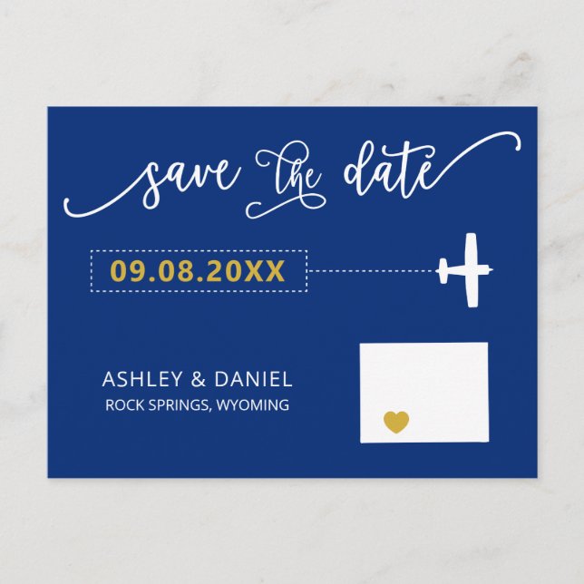 Navy Wyoming Wedding Save the Date Map Postcard Postkarte (Vorderseite)