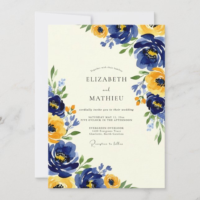 Navy Yellow Artistic Spring Wedding Einladung (Vorderseite)