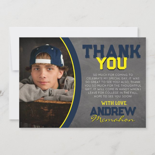 Navy & Yellow Chalkboard Abschluss Danke Karte (Vorderseite)